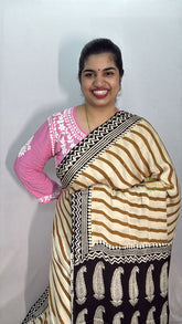 Vriksham Cream & Mustered Yellow Striped Print Designer Ajrakh Modal Silk Saree-VS4655